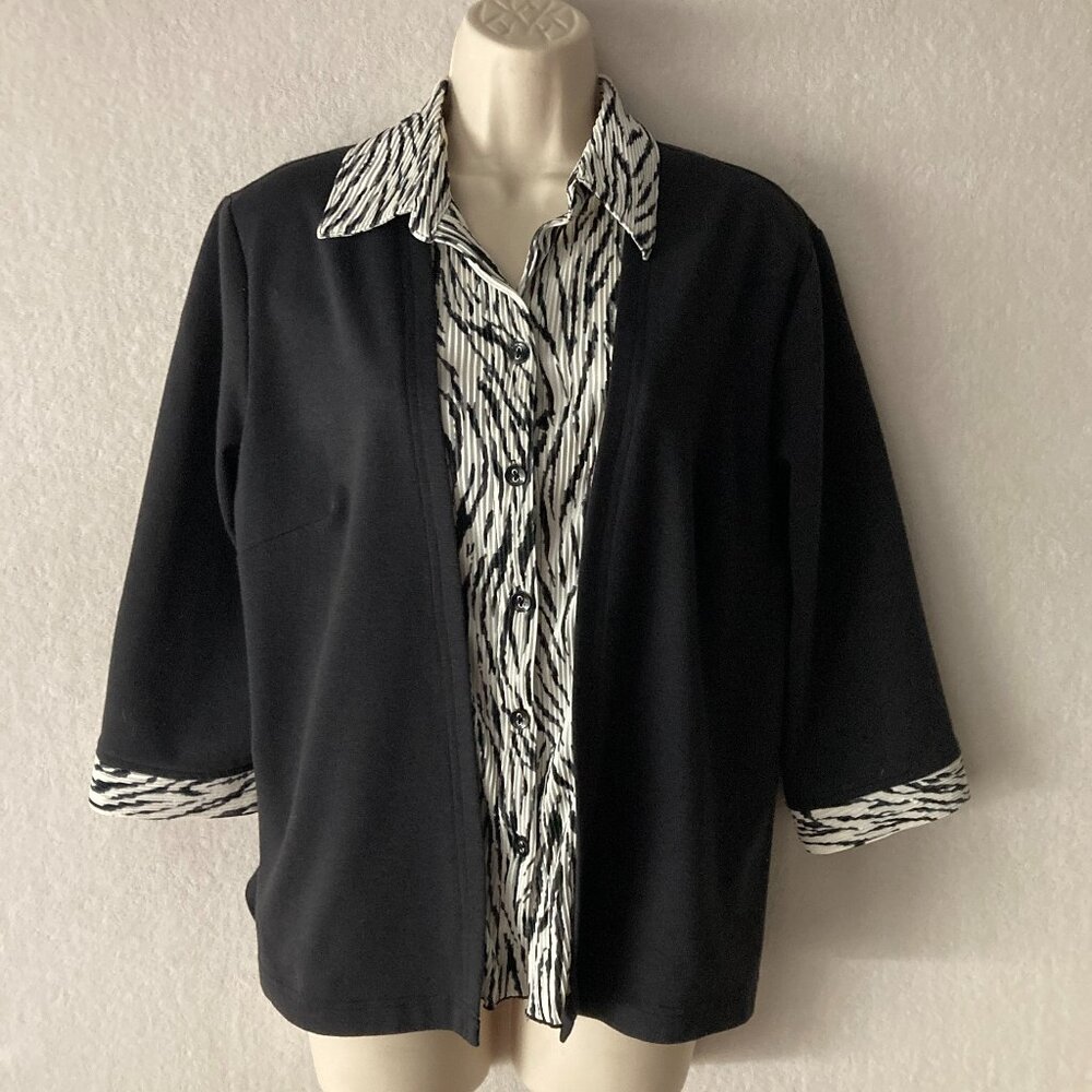 Alfred Dunner Medium 2-for-1 Layered Top Black Cardigan Zebra Print Blouse